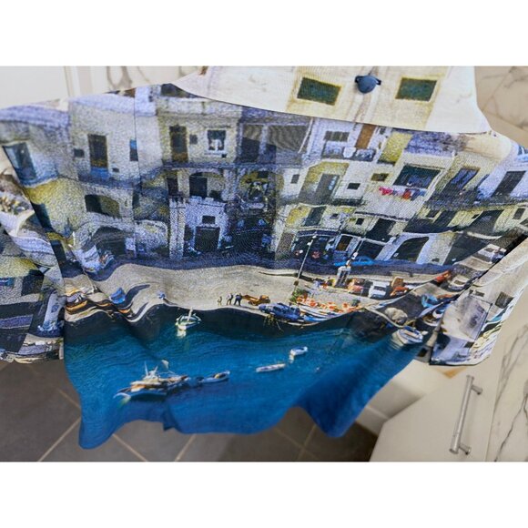 Akris Marina Grande Capri Port Print Cotton Shirt Top Blue Buildings Boats 6 - Picture 12 of 13